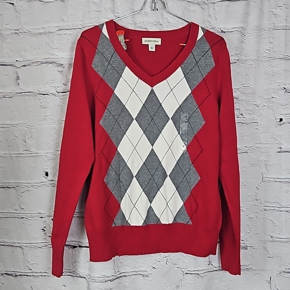 St John Bay Argyle V Neck Sweater Red Grey White Med NWT Cotton - Picture 11 of 11